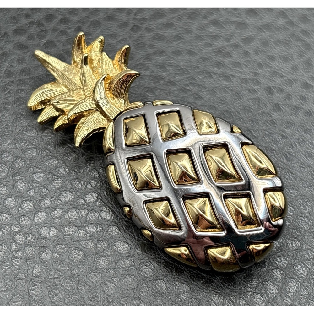Vintage Liz Claiborne Pineapple Brooch Two-Tone Silver Quilted Design Gold Tone
